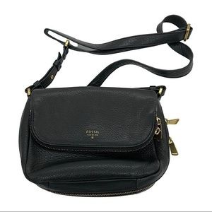 Fossil Black Genuine Pebbled Leather Gold Zipper Crossbody Bag Purse
